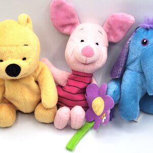 3 Classic Disney Winnie The Pooh, Piglet, a Heffalump/Elephant Soft Plush Toys
